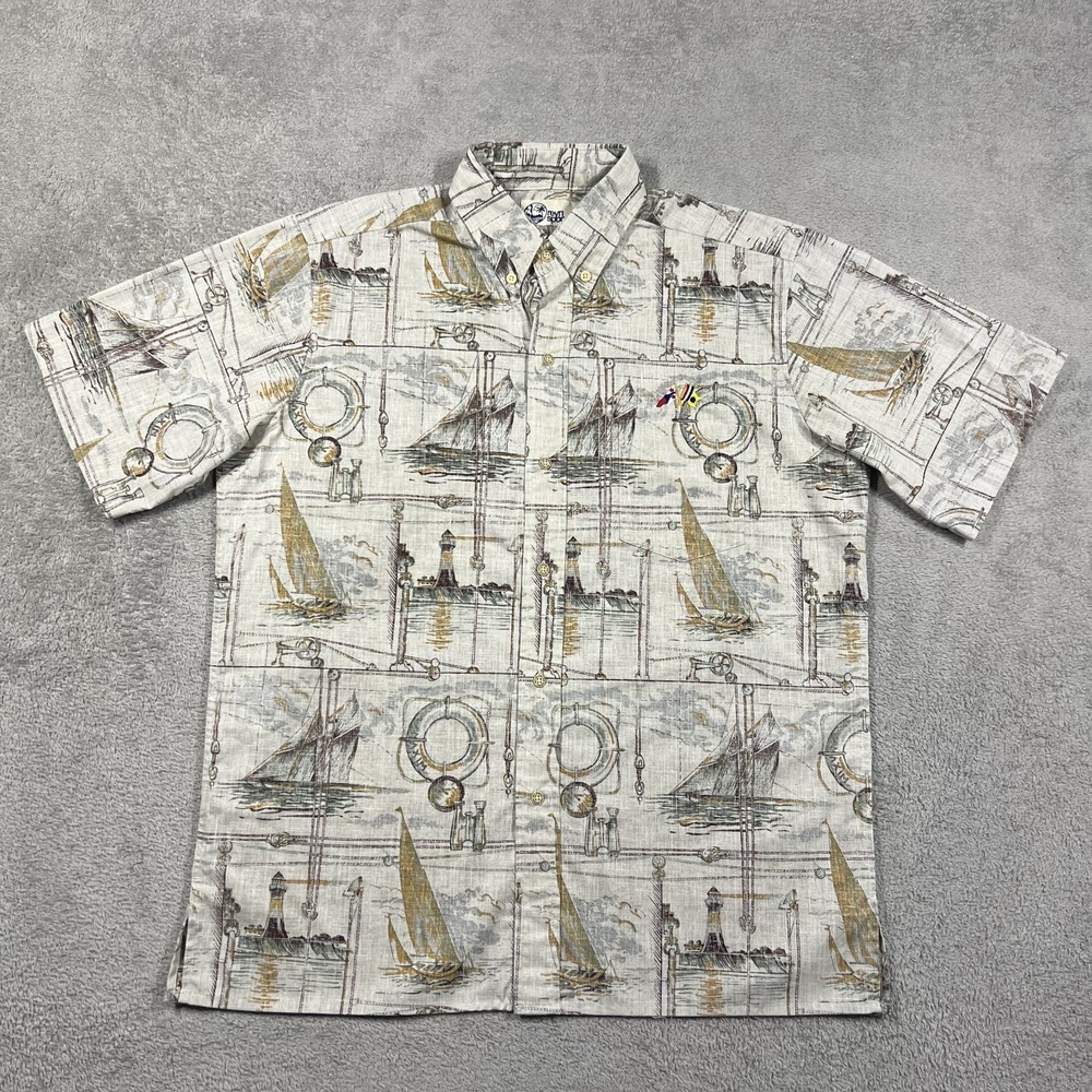 Reyn Spooner Shirt Mens Medium Nautical Lighthouse Compass Boat Reverse Print